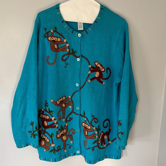 Quacker Factory embroidered turquoise monkey cardigan - size Large - Picture 1 of 10